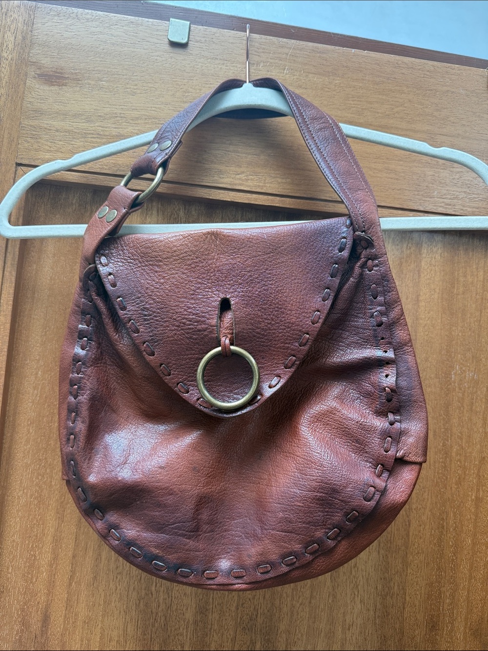 Lucky Brand Rustic Brown Leather Hobo with Ring Accent